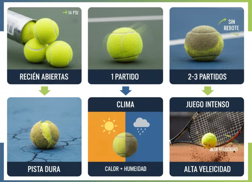 pelotas de tenis desgastadas por diversos factores