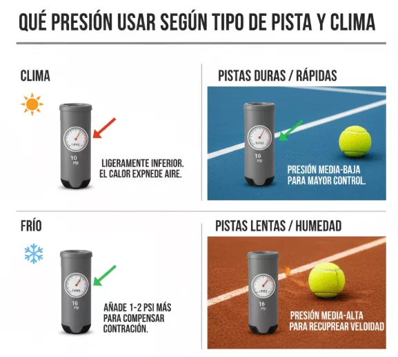 cambio de presión en un presurizador según la pista y el clima donde vas a jugar