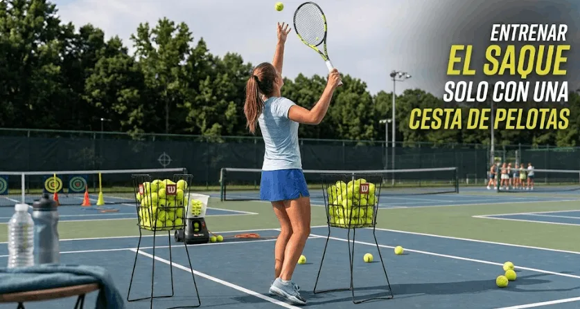 entrenamiento de saques con cesta de bolas